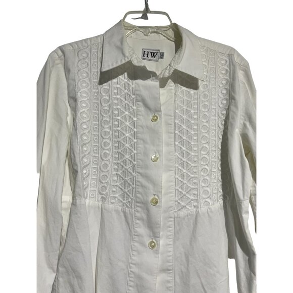 Vintage HW White Button-Up Embroidered Blouse With Long Sleeves & Collared Neckl - Picture 1 of 4